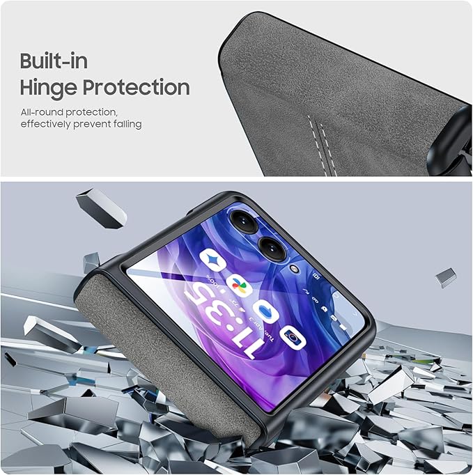 for Motorola razr+ Plus 2024 Case/Razr+ Plus 2025 Case Built-in Screen Protector& Hinge Protection & Ultra Thin PU Leather Matte PC Shockproof Phone Case for Moto Razr+ 2024/Razr+ 2025 (Gray)