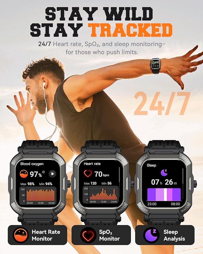 Military Smart Watches for Men (Answer/Make Calls),1.91'' Fitness Smart Watch for Android and iPhone,IP68 Waterproof Fitness Tracker with Step Counter/Sleep Monitor/110+ Sport Modes,Smartwatch for Men