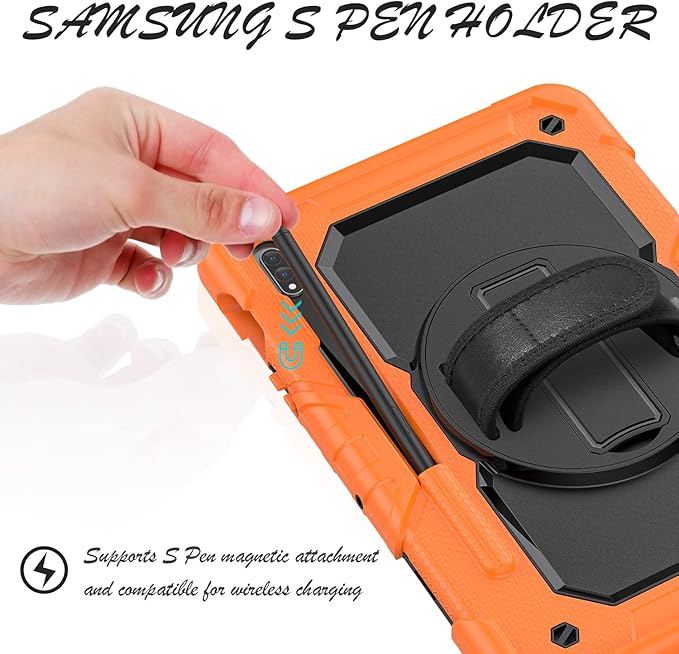 Case for Samsung Galaxy Tab S8/S7 11-inch 5G Tablet Case 2022/2020, [with Tempered Glass Screen Protector], Rotating Kickstand, Hand & Shoulder Strap, S Pen Holder (Orange)