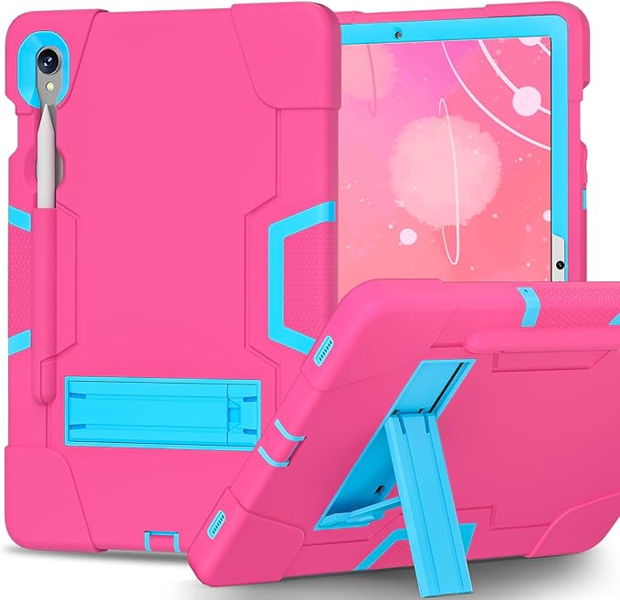 case for Galaxy Tablet S9 FE & S9 2023 (SM-X710/X718U/X716B/X510/X516B), Soft Silicone & Hard Pc 3-Layer Military Protector Cover for Tab S10 FE/S8/S7 with S-Pen Holder Stand Rose Red+Blue