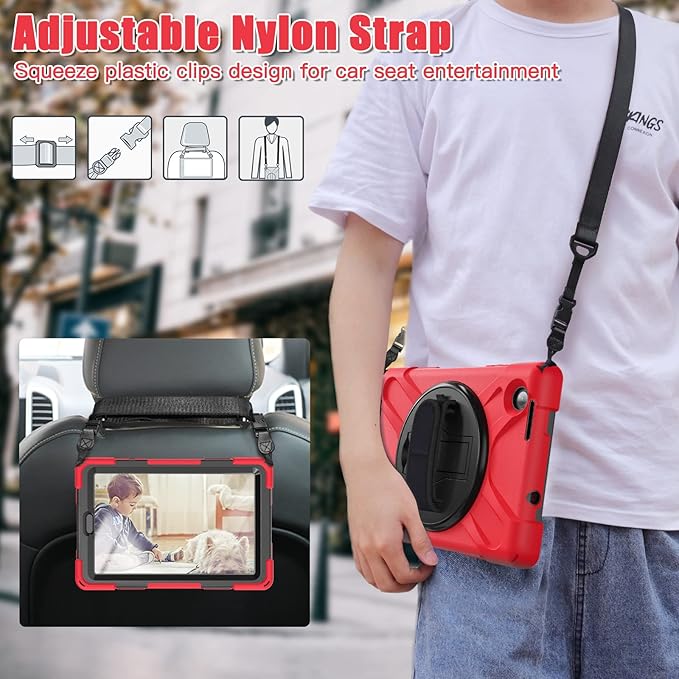 TSQQST for Lenovo Tab M8 Tablet Case 4th Gen 2024 203 Model TB301XU/TB-300FU for Kids | Silicone Rugged Protective Case with Rotating Stand Hand Strap Shoulder Strap for Lenovo Tab M8 Tablet | Red