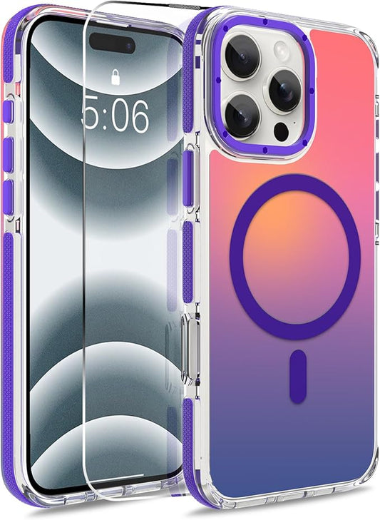 MOWIME Magnetic Case for iPhone 16 Pro Max [Compatible with Magsafe] [Cute Fashion Fluorescent Design] [1 Screen Protector] Slim Translucent Matte Cover for iPhone 16 Pro Max 6.9" 2024, Purple