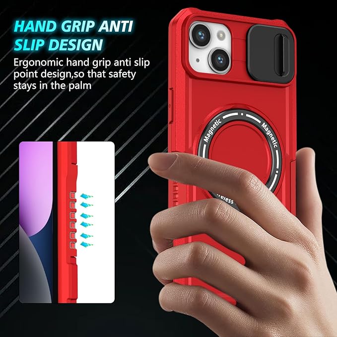 for iPhone 13 Case/for iPhone 14 Case Magnetic Compatible with MagSafe Wireless Charging,with 2 Screen Protectors,with Kickstand,with Camera Cover Shock-Absorbent Heavy Duty Protection Red