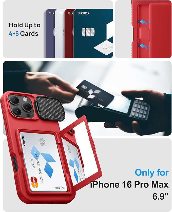 Kickstand Designed for iPhone 16 Pro Max Case with Card Holder & Camera Cover Stand, Military Grade Protection Adjustable Stand Wallet Phone Case for iPhone 16 Pro Max 6.9", Red