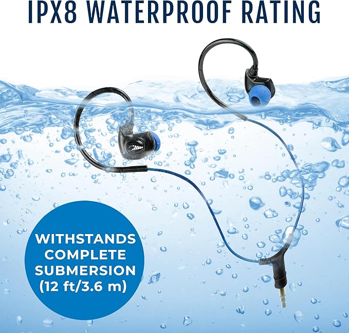 H2O Audio Surge SX10 Waterproof IPX8 Headphones –(Short Cord Design), in-Ear Noise Cancelling Earbuds for Swimming, Running, Sports – Lightweight, Secure Fit, Dynamic Bass, Memory Foam Tips