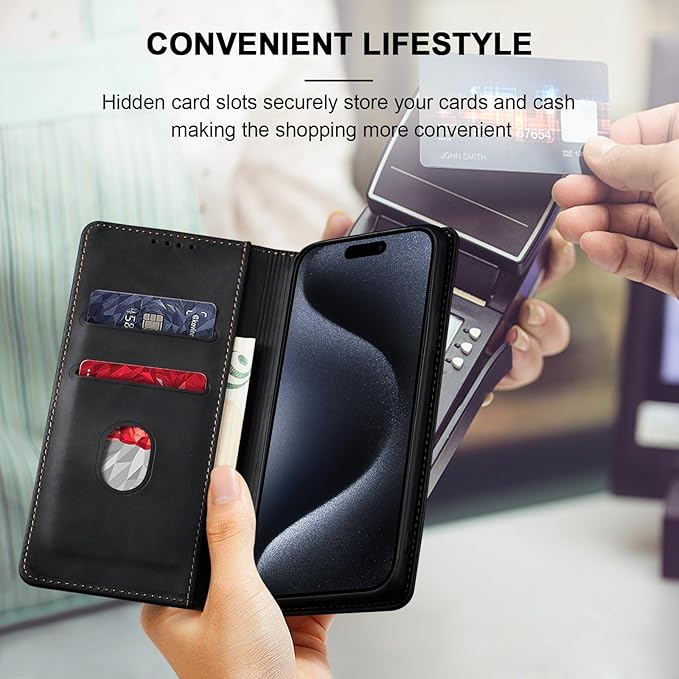 Jasonyu Flip Wallet Case for iPhone 15 Pro,Leather Magnetic Folio Cover with Card Holder,Kickstand - TPU Shockproof Durable Protective Phone Case,Black