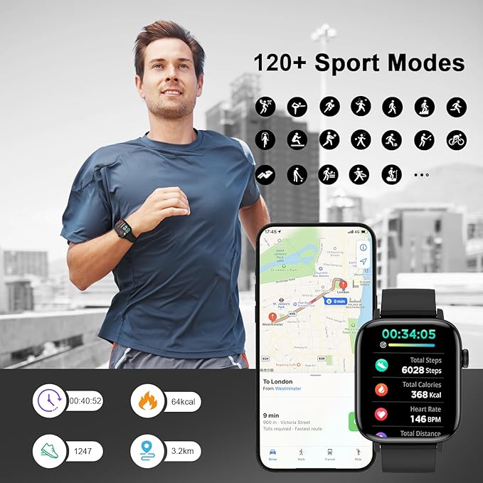 Smart Watch, 1.90" Smartwatch for Men Women (Answer/Make Calls), Fitness Tracker with 120+ Sport Modes, Heart Rate/Sleep Monitor, IP68 Waterproof Smart Watch for Android/iOS Phones