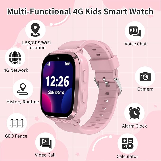4G Kids Smart Watch Girls with GPS Tracker Video Calling Texting, Waterproof Smartwatches Age 5-13, One-Key SOS Call Voice Chat Cell Phone Watch with Alarm Clock Game HD Camera (Pink)