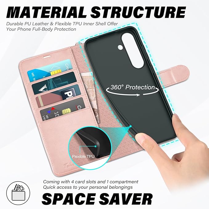 TUCCH Case Wallet for Galaxy S25 Plus, [Wrist Strap] Magnetic PU Leather Stand [RFID Blocking] Card Slot with [TPU Shockproof Interior Case] Compatible with Galaxy S25 Plus, Rose Gold with Wristlet