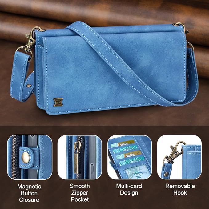 for iPhone 17 Wallet Phone Case with 7 Card Holder,RFID Blocking | PU Leather | Kickstand | Flip | Wrist Strap&Shoulder Strap | Shockproof | Zipper Wallet | Women Men | 6.3" | Sky Blue