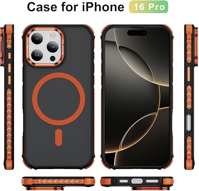 Magnetic for iPhone 16 Pro Case Orange with MagSafe Wireless Charging Heavy Duty Military-Grade Shockproof Protection Adjustable Kickstand Slim Matte Anti-Fingerprint Cover Men Women