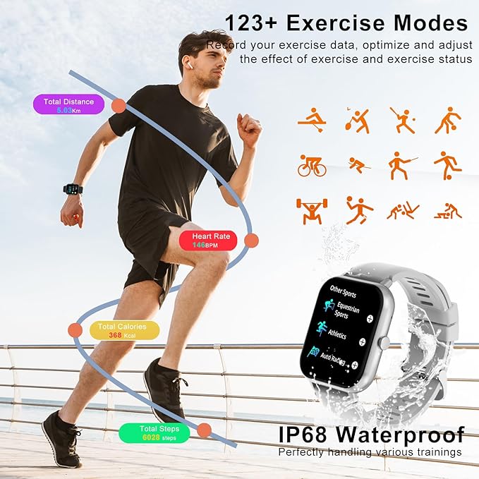 Smart Watch for Men Women Compatible with iOS Android Phone,1.83" Full Touchscreen IP68 Waterproof Smartwatch,Fitness Tracker with Make/Recive Call 123+ Sport Modes Heart Rate/Sleep Monitor
