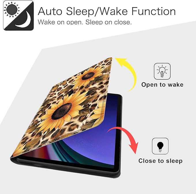 Case for Samsung Galaxy Tab S10 FE/ S9 FE 5G 10.9 Inch/Tab S9 11 Inch, Slim PU Leather Stand Cover with Auto Wake/Sleep, Multi-Angle Viewing & Shockproof, Leopard Sunflower