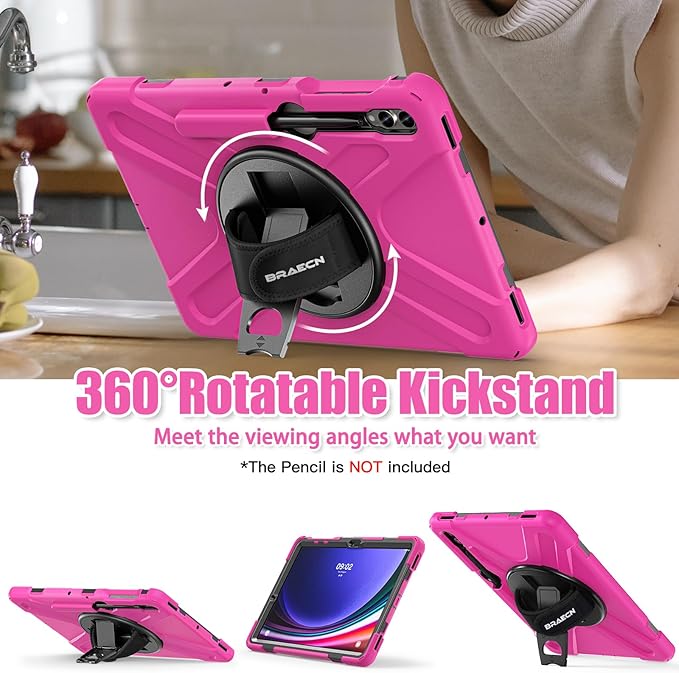 BRAECNstock for Samsung Galaxy Tab S10+ Plus/ S9 FE+ Plus/ S9+ Plus/ S8+ Plus/ S7 FE/ S7+ Plus 5G Tablet Case 12.4" Shockproof Protective Cover with Pen Holder Rotating Hand Strap & Stand - Rose Red