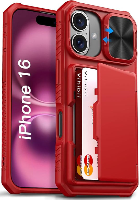 Vihibii for iPhone 16 Wallet Case with Card Holder (4 Cards) [RFID Blocking] & Slide Camera Cover & Raised Edges Protect Screen, Shockproof Rugged Phone Cover for iPhone 16 6.1" 2024, Red