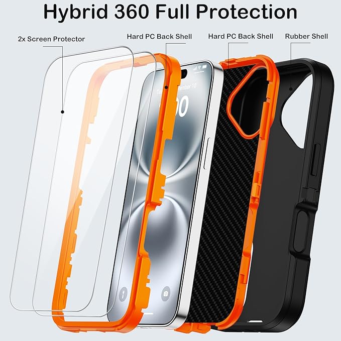 for iPhone 16 Case with 2 Screen Protectors,Heavy Duty Shockproof Drop Protection Military Grade Tri-Layer Rugged Cell Phone Cover with Built-in Invisible Kickstand for Apple 16 6.1“ (Black/Orange)