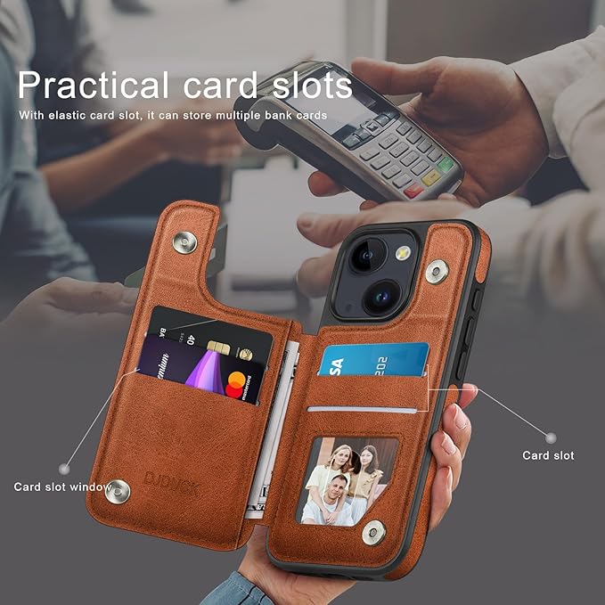 DJDUCK Designed for iPhone 14 Case Wallet with Card Holder, [Magnetic Clasp Cover] [RFID Blocking Leather Protection] Shockproof Women Men Cases 6.1 Inch for Apple 14 Light Brown