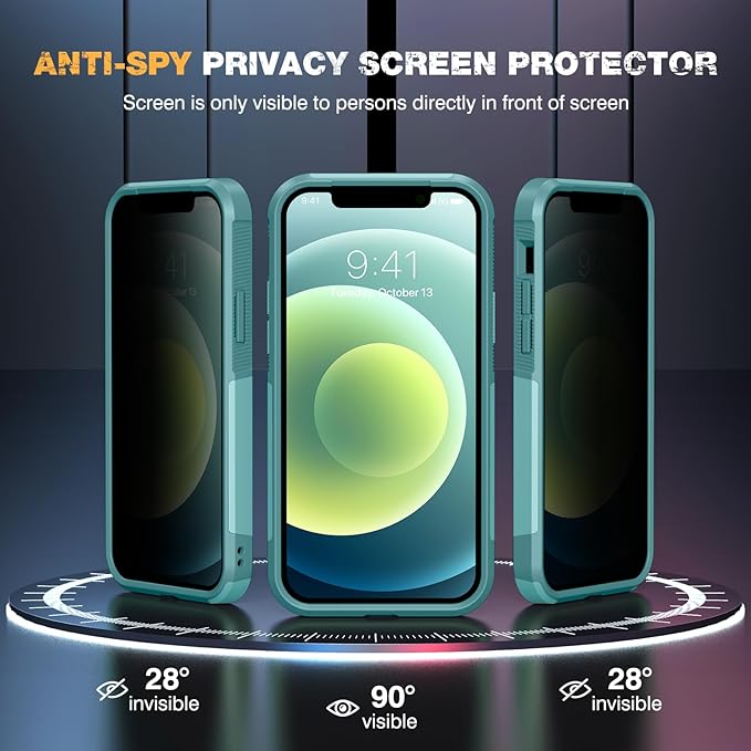 Diaclara Designed for iPhone 12 Case/iPhone 12 Pro Case, [with Privacy Screen Protector] [Anti Spy] [Military Grade Drop Protection] Heavy Duty Full-Body Shockproof Phone Case, Mint Green