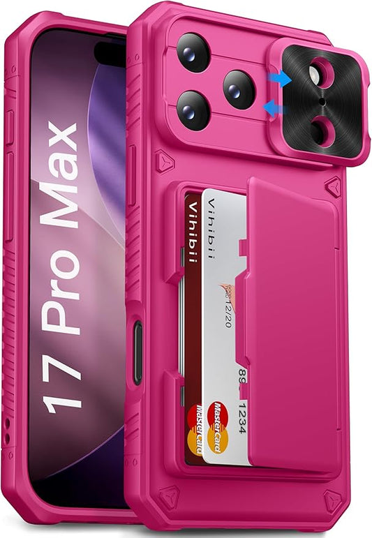 Vihibii for iPhone 17 Pro Max Case Wallet with Card Holder (4 Cards) [RFID Blocking] & Slide Camera Cover & Raised Edges Protect Screen, Shockproof Rugged Cover for iPhone 17 Pro Max 2025, Hot Pink