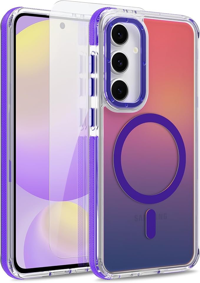 MOWIME Magnetic Case for Samsung Galaxy S24 FE [Compatible with Magsafe] [Cute Fashion Fluorescent Design] [1 Screen Protector] Slim Translucent Matte Case for Galaxy S24 FE 6.7", Purple