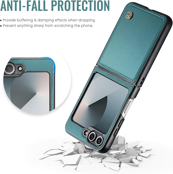 for Samsung Galaxy Z Flip 6 Case, Premium PU Leather Case Anti Scratch Slim Phone Shockproof Protective Phone Cover for Samsung Galaxy Z Flip6, Blue-Green