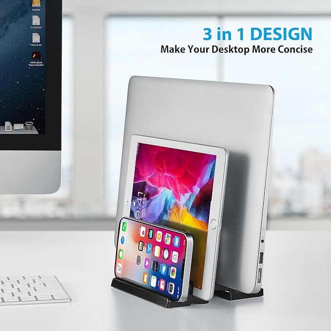 3-Slot Vertical Laptop Stand Laptop Holder for Desk Made of Premium Acrylic to Space-Saving for All Laptop/MacBook/Tablet/Phone (Black)