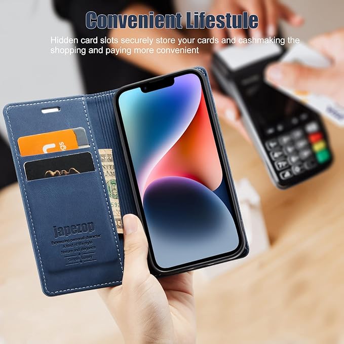 japezop iPhone 14 Case, iPhone 14 Wallet Case with [RFID Blocking] Card Holder Kickstand Magnetic,Leather Flip Case Wallet for iPhone 14 5G 6.1 Inch (Blue)