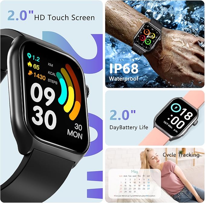 YMS Android Smart Watch for Women - 2.0",IP68 Waterproof Fitness Watches Bluetooth Call (Answer/Call),Heart Rate/Sleep/Pressure/Steps Monitor,Android & iOS,100+ Sports Trackers (Pink)