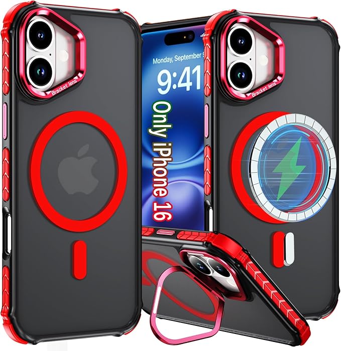 16 Case for iPhone 16 Phone 6.1 Inch, with Camera Stand [Compatible with MagSafe] Military-Grade Drop Protection Magnetic Case for iPhone 16, Red