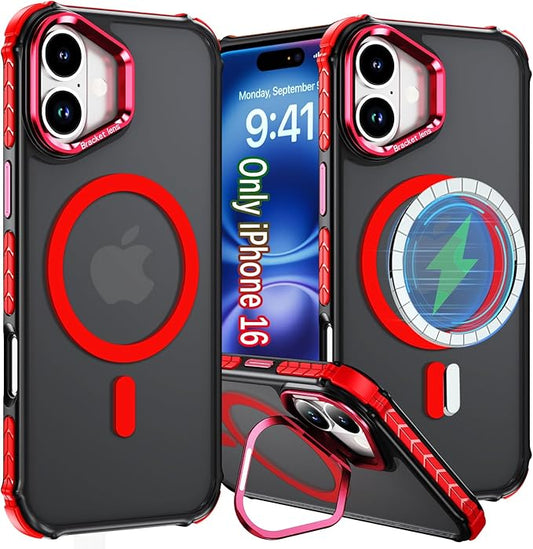 16 Case for iPhone 16 Phone 6.1 Inch, with Camera Stand [Compatible with MagSafe] Military-Grade Drop Protection Magnetic Case for iPhone 16, Red