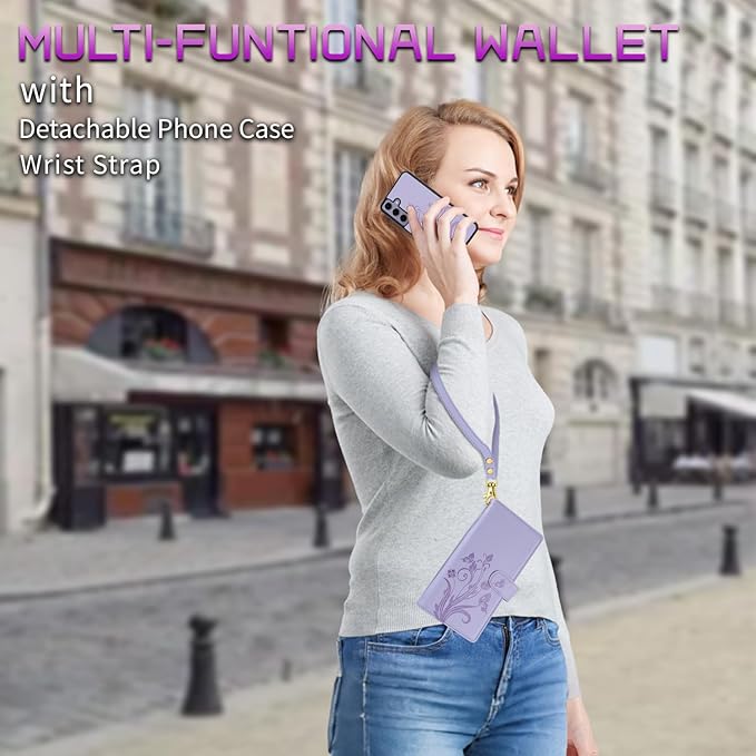Lacass for Samsung Galaxy S24 FE S24FE Case Wallet,Compatible with MagSafe 2 in 1 Magnetic Detachable PU Leather RFID Blocking Wallet Cover Card Holder Zipper Wrist Strap Lanyard Floral Light Purple