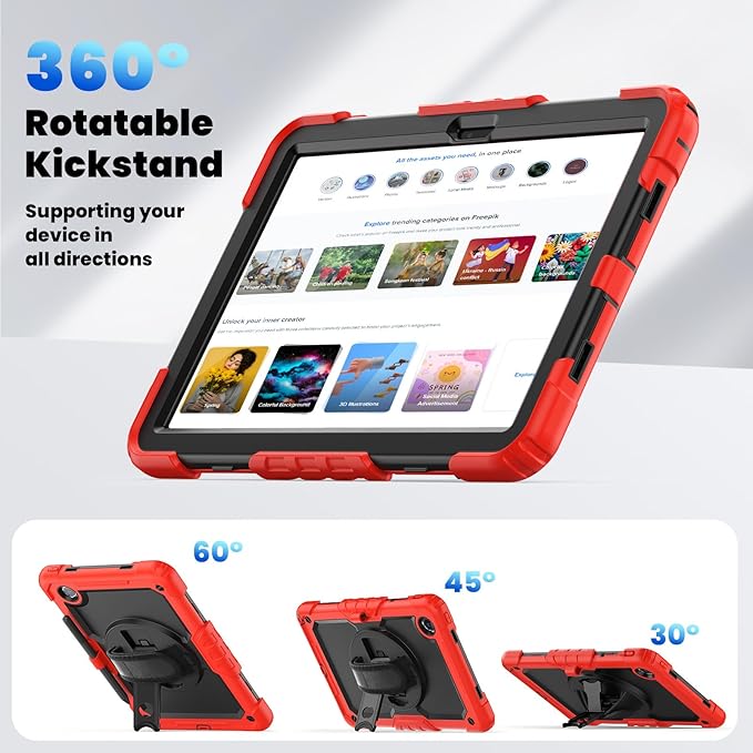 Case for Lenovo Tab K11 11'' 2024 / M11 TB330FU /Lenovo Xiaoxin Pad 2024 TB331FC, with Screen Protector, Hand Strap, Shoulder Strap, Rotating Stand Red