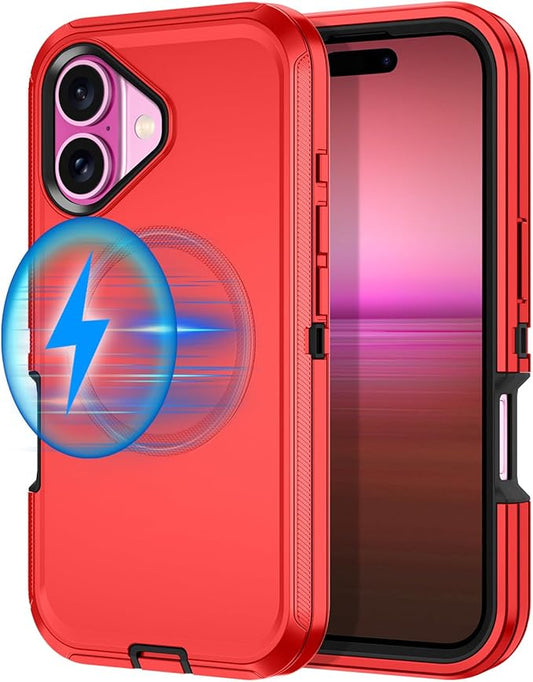 for iPhone 16 Case [Compatible with MagSafe] Shockproof 3-Layer Full Body Protection [Without Screen Protector] Rugged Heavy Duty Cover Case for Apple iPhone 16 6.1",Red/Black