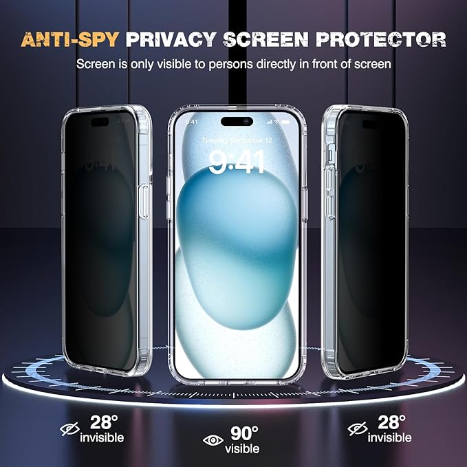 Diaclara Designed for iPhone 15 Case, [with Privacy Screen Protector] [Anti Spy] [Military Grade Drop Protection] Heavy Duty Full-Body Shockproof Phone Case, Clear