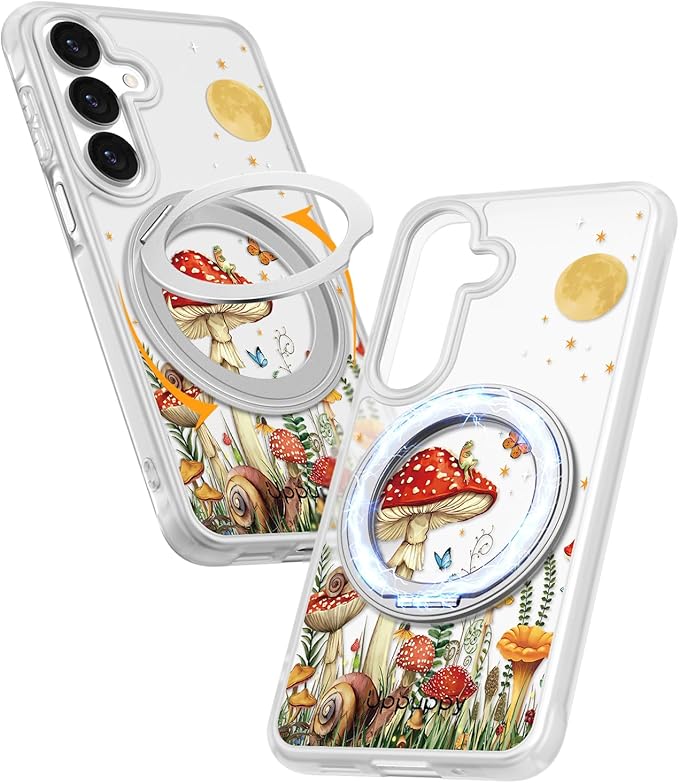 for Samsung Galaxy A16 4G/5G Case with 360° Rotatable Magnetic Ring - Semi-Transparent Anti-Fingerprint Soft-Touch Material Shockproof, Cute Mushroom & Butterfly Design for Women Girl