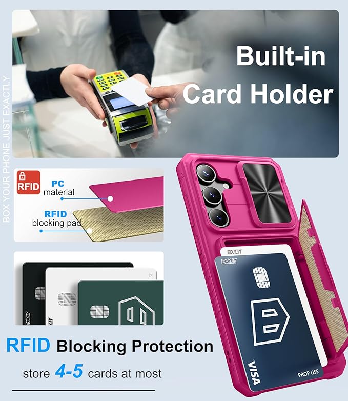 for Samsung Galaxy S25 FE Wallet Case with Card Holder (4-5 Cards), Slide Camera Cover, Military Drop Protection, Rugged Women Girly Men Protective Phone Case for Galaxy S25 FE 6.7", Hot Pink
