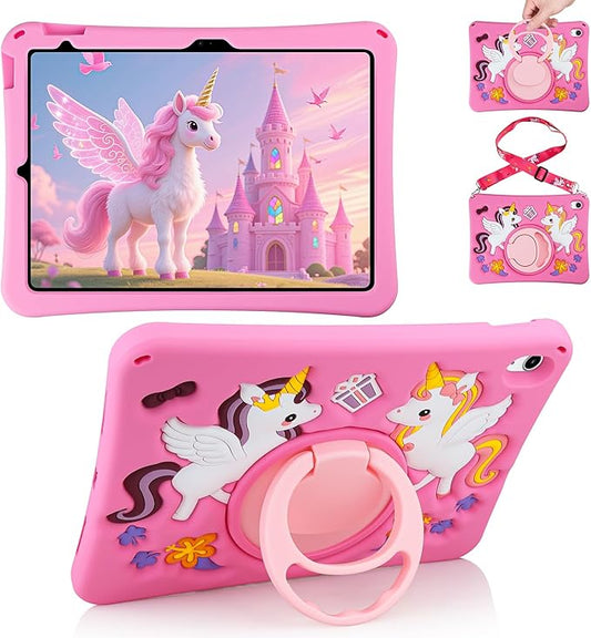 HianDier for iPad A16 Case 11th 2025 iPad 10th Generation Case for Kids Cute Unicorn Silicone Tablet Cover with Detachable Strap and Rotatable Stand Shockproof Cover for iPad 11inch 10.9inch-Rose Pink