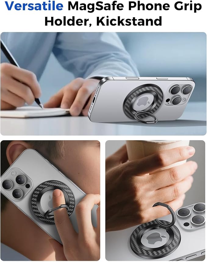 SYNCWIRE Carbon Fiber Magnetic Phone Ring Holder for MagSafe - Magnet Phone Grip Stand with 360° Rotation & Reinforced Hinge Compatible with iPhone 16 15 14 13 Pro Max Plus MagSafe Accessories