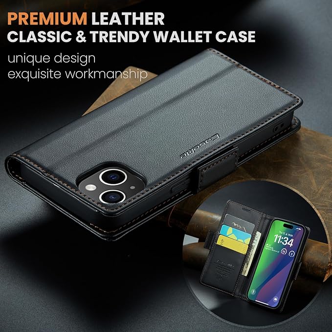 for iPhone 15 Case, Premium PU Leather Wallet Case Flip Cover with [RFID Blocking][Card Holder][Stand Function] Shockproof Protective for iPhone 15 Case, Black