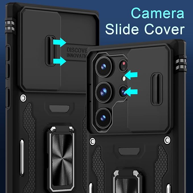 DEERLAMN Case for Samsung Galaxy S25 Ultra 6.9-Inch with Slide Camera Cover+Screen Protector, Rotated Ring Kickstand Military Grade Drop Protection Shockproof Protective Cover-Black