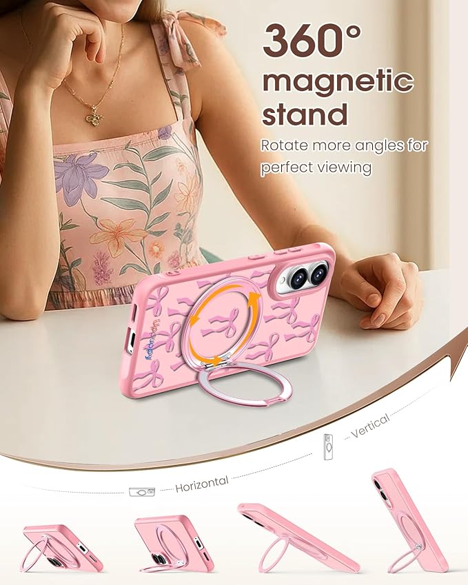 for Samsung Galaxy S25 Edge Case with 360° Rotatable Magnetic Ring - Compatible with MagSafe, Semi-Transparent Soft-Touch Material Shockproof, Cute Pink Ribbon Bow Design for Women Girl