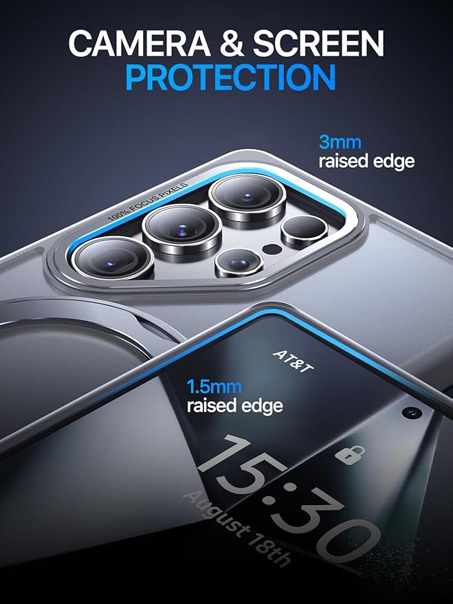 QTlier Phone case for Galaxy S24 Ultra& S25 Ultra- 360 Rotatable Magnetic Ring Stand, Military-Grade Protection, Raised Camera Frame (Grey, S25 Ultra)