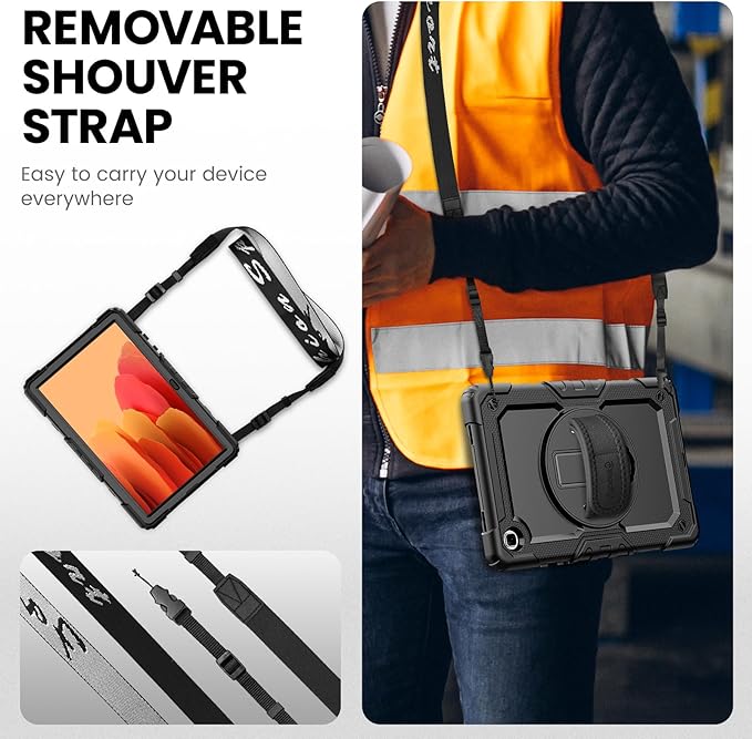 Timecity Case for Galaxy Tab A7 10.4 Inch 2020, SM-T500/ T505/ T507/ 2022 SM-T503/509, Durable Sturdy Case with Screen Protector Swivel Stand Hand Shoulder Strap Full-Body Drop-Proof - Black