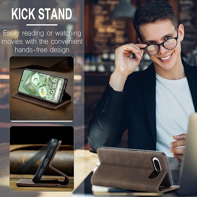 for Google Pixel 8A Case, Flip Wallet Leather Case with Card Holder Magnetic Closure Shockproof Kickstand Protective Phone Cases Cover for Pixel 8A, Coffee