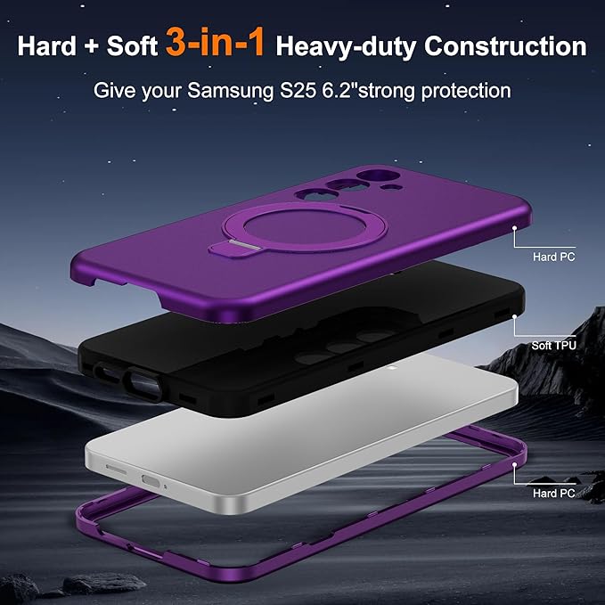 Designed for Samsung Galaxy S25 Case with Magnetic Ring Stand [Compatible with Mag-Safe][Military Grade Drop Protection][Build in Kickstand] Shockproof Galaxy S25 Phone Case 6.2",Purple