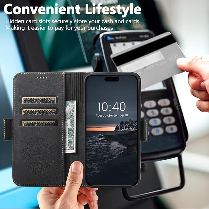Leather Magnetic Wallet Case for iPhone 17 Pro Max Compatible with MagSafe & Wireless Charging, 3 Card Slots & ID Holder, Kickstand, 360° Military Shockproof Protection Premium Black