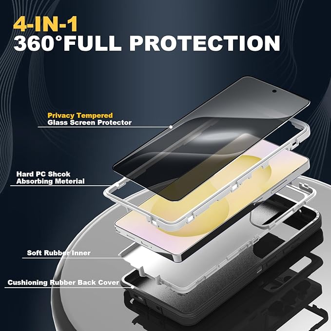 Designed for Samsung Galaxy S25 Ultra Case [with Privacy Screen Protector] 3-Layer Full Body Protection Rugged Shockproof Heavy Duty Phone Case Cover, Black/Grey