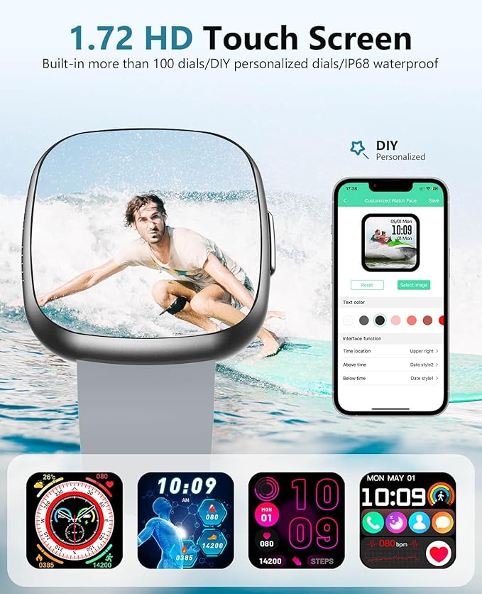 Smart Watch for Men Women, 24/7 Heart Rate/Spo2/HRV Monitor,1.72" Super Retina HD Display Fitness Watch with Sleep Monitor,135 Sports Modes Fitness Tracker, IP68 Waterproof Compatible Android and iOS