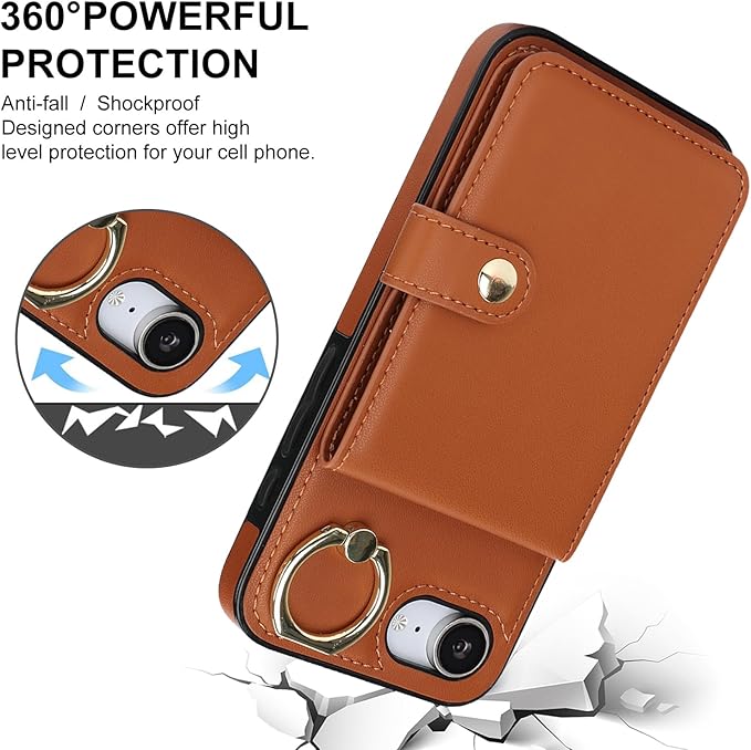 Compatible iPhone 16e Wallet Case with Card Holder RFID Blocking PU Leather Doubles as a Wallet Unisex Flip Shockproof Protection with Card Slots Ring Wrist Kickstand Function,Brown