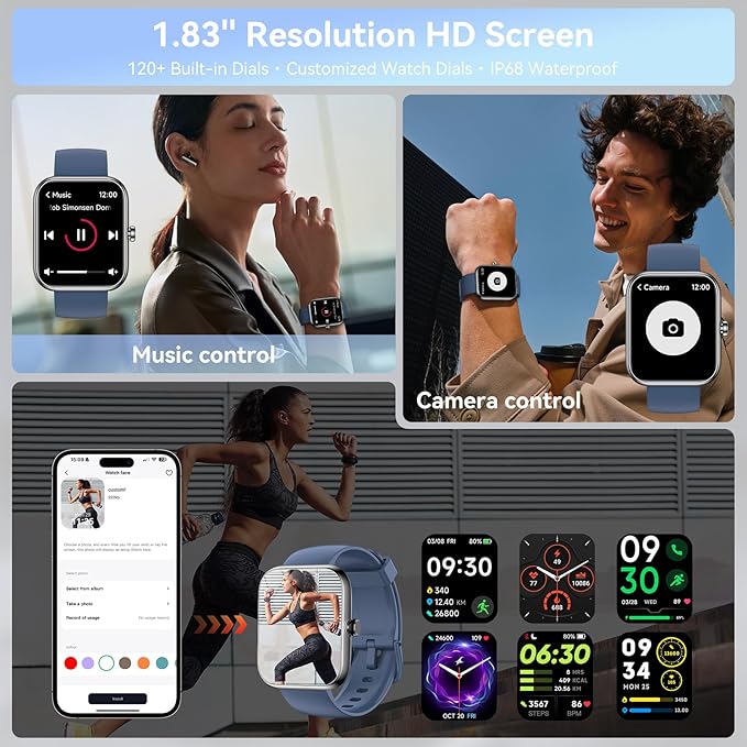 Smart Watch with Alexa Built-in, 1.83" HD Touchscreen Fitness Tracker, Bluetooth Notifications/Calls, IP68 Waterproof, 120+ Sport Modes, 24/7 Heart Rate & Sleep Monitor for iPhone Android iOS (Blue)